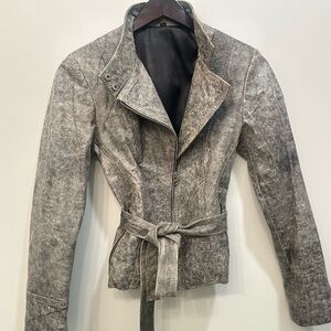 Women's Gray Belted Leather Moto Jacket